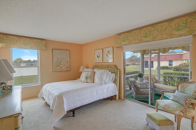 bedroom with light carpet, a textured ceiling, and multiple windows