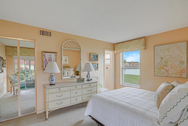 bedroom with a textured ceiling, carpet flooring, and a water view