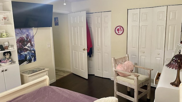 bedroom with dark hardwood / wood-style flooring and two closets