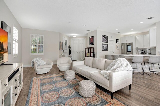 living room featuring hardwood / wood-style floors and sink