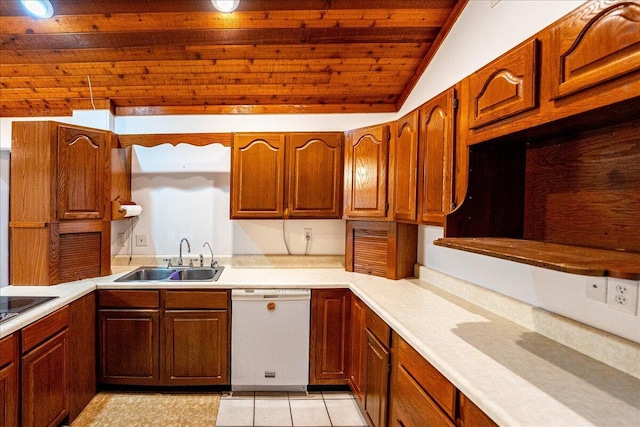 kitchen with wood ceiling, vaulted ceiling, light tile patterned floors, white dishwasher, and sink