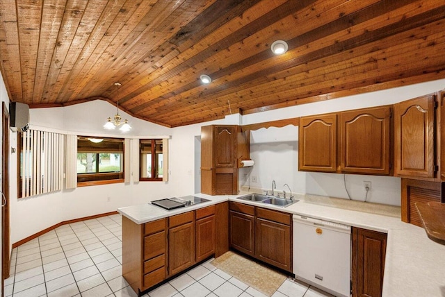 kitchen with sink, an inviting chandelier, dishwasher, black electric stovetop, and pendant lighting