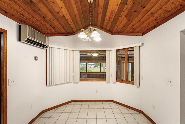 empty room featuring wooden ceiling, a wall mounted air conditioner, lofted ceiling, an inviting chandelier, and light tile patterned flooring