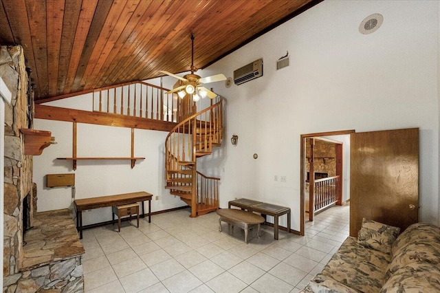 living room featuring wooden ceiling, light tile patterned floors, ceiling fan, high vaulted ceiling, and a fireplace