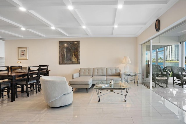 tiled living room featuring coffered ceiling and beamed ceiling