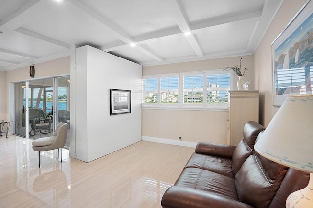 sitting room with beam ceiling and coffered ceiling