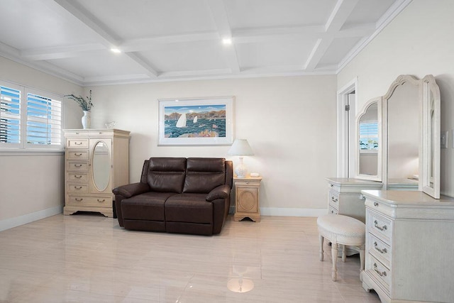 sitting room featuring beamed ceiling, light tile patterned floors, and coffered ceiling