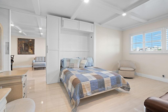 bedroom with beam ceiling and coffered ceiling