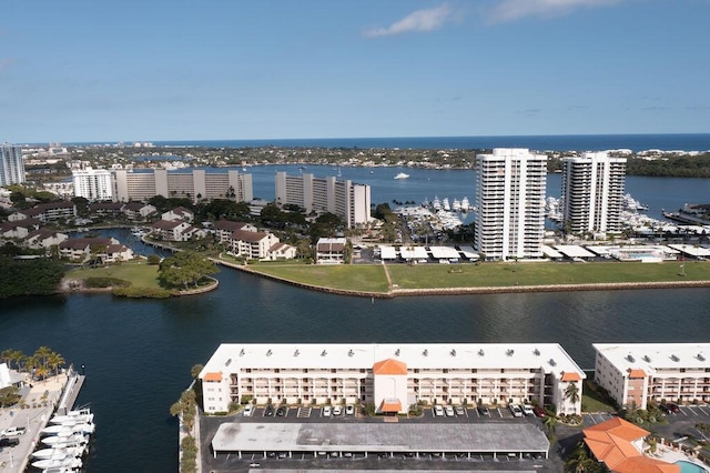 drone / aerial view featuring a water view