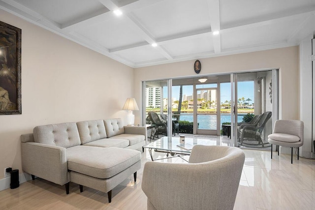 living room featuring beam ceiling, coffered ceiling, and a water view