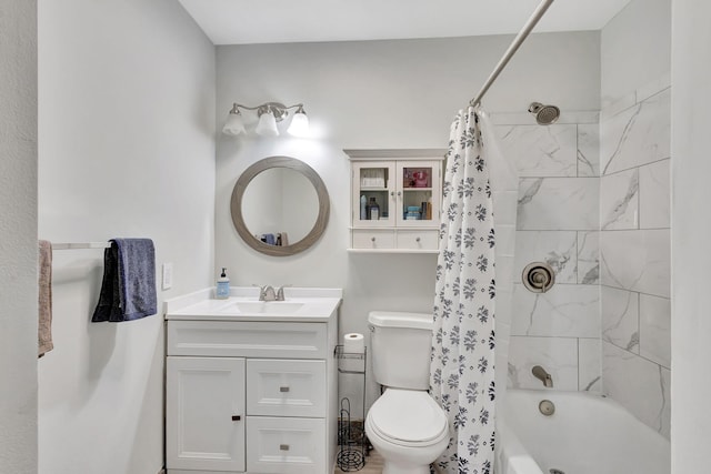 full bathroom with toilet, vanity, and shower / bathtub combination with curtain