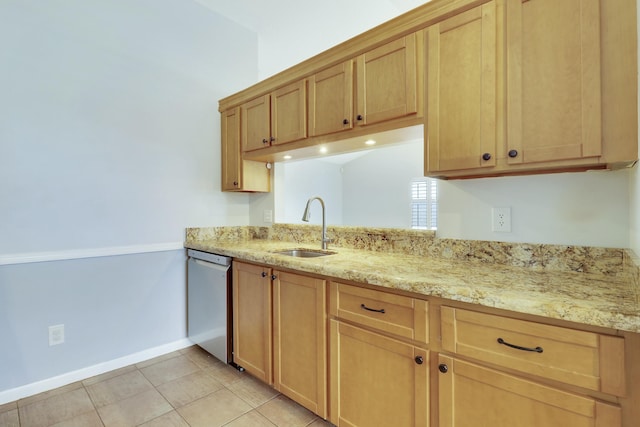 kitchen with sink, light tile patterned floors, dishwasher, and light stone countertops