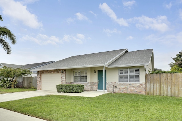 single story home with a front lawn and a garage