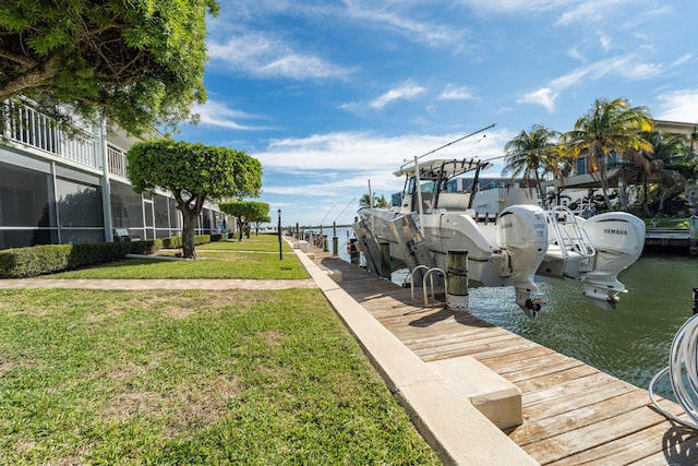 view of dock featuring a water view and a yard