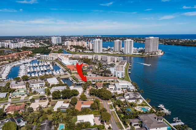 aerial view featuring a water view