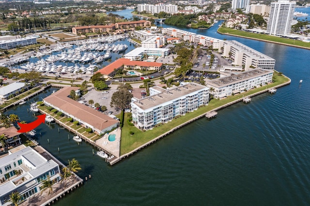 drone / aerial view featuring a water view