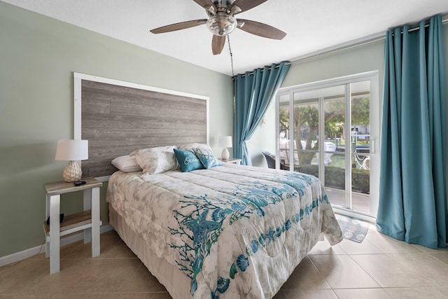 bedroom with ceiling fan, access to exterior, and light tile patterned floors