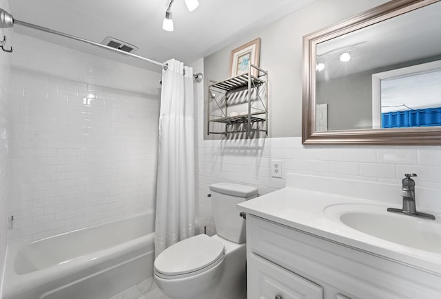 full bathroom featuring vanity, toilet, shower / tub combo, and tile walls