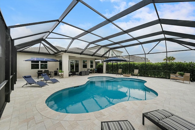 view of swimming pool with a lanai and a patio area