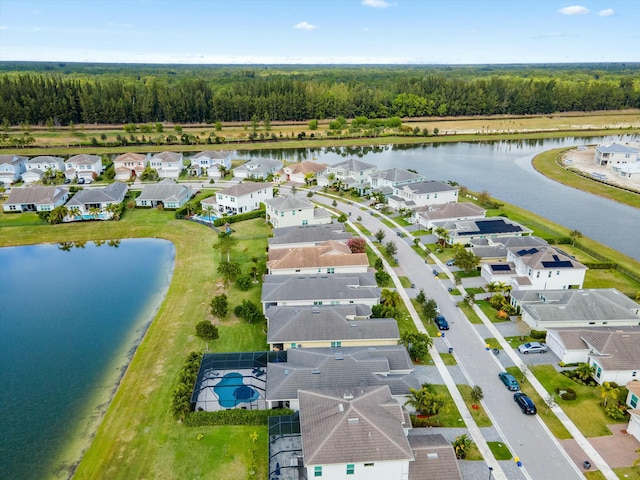 drone / aerial view featuring a water view