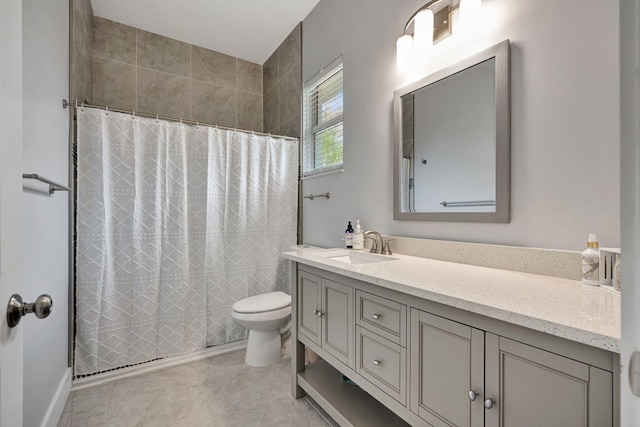 full bath featuring a shower with shower curtain, vanity, toilet, and tile patterned floors