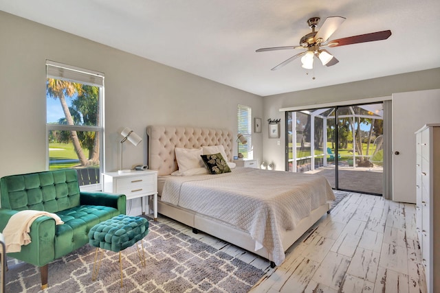 bedroom with ceiling fan and access to outside