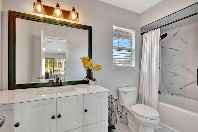 full bathroom with vanity, toilet, and shower / bath combo with shower curtain