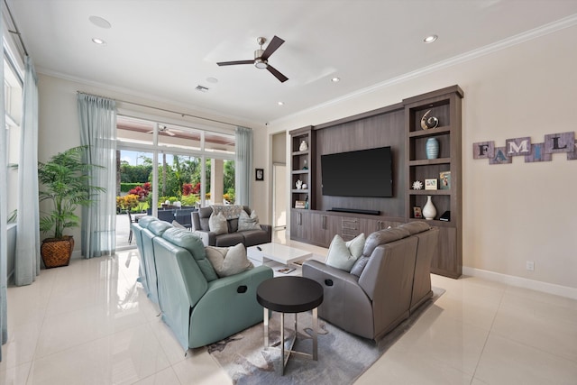 living room featuring a wealth of natural light, ornamental molding, and light tile patterned flooring