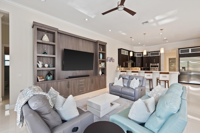 tiled living room featuring ceiling fan and ornamental molding