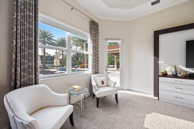 living area with a raised ceiling, light colored carpet, and ornamental molding