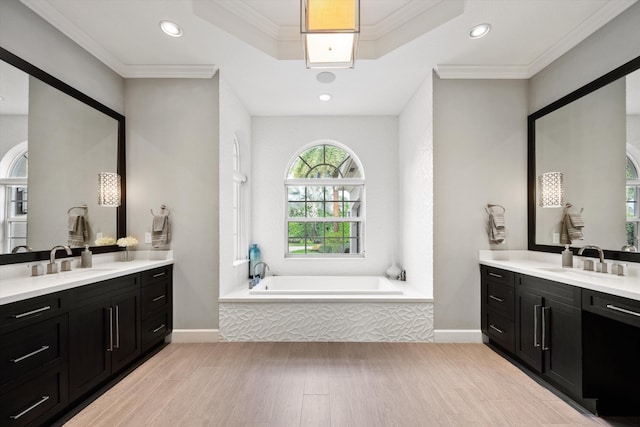 bathroom featuring vanity, wood-type flooring, a bathing tub, a tray ceiling, and ornamental molding