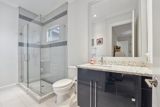 bathroom with toilet, ornamental molding, an enclosed shower, and vanity