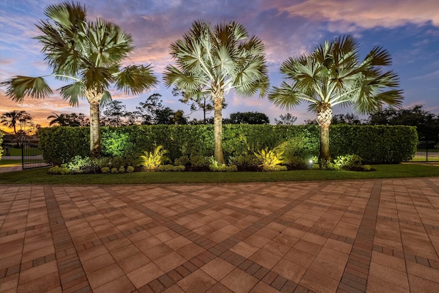 view of patio terrace at dusk