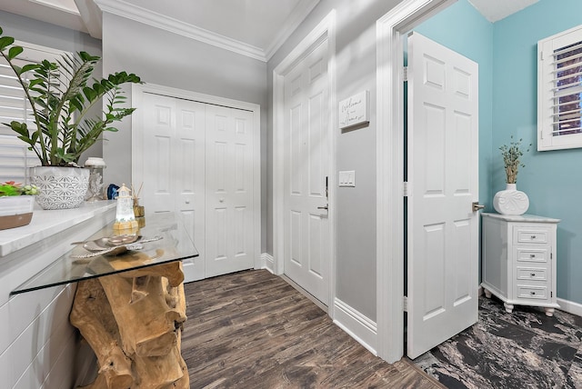 foyer featuring crown molding and dark hardwood / wood-style flooring