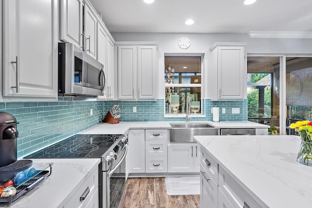 kitchen with white cabinets, stainless steel appliances, and sink