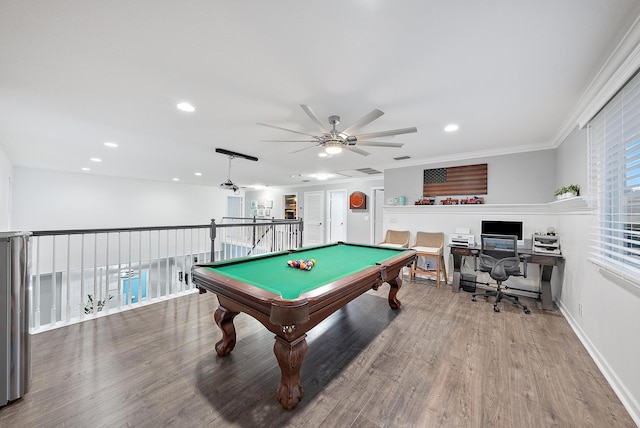 game room with wood-type flooring, billiards, ceiling fan, and ornamental molding