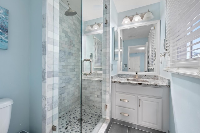 bathroom featuring tile patterned floors, an enclosed shower, vanity, and toilet