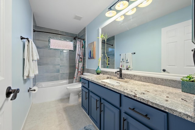 full bathroom featuring shower / bathtub combination with curtain, tile patterned floors, vanity, and toilet