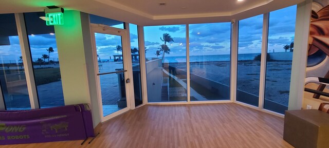 recreation room with a wall of windows and hardwood / wood-style flooring