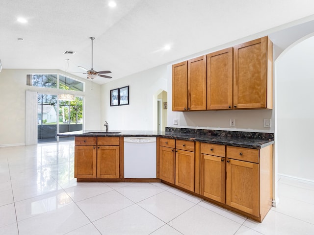 1784 Sawgrass Cir, Greenacres, FL 33413 - kitchen featuring dishwasher, arched walkways, a sink, ceiling fan, and a peninsula