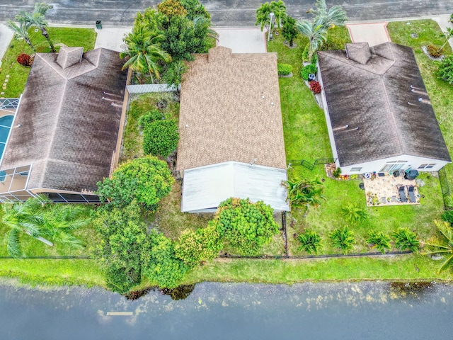 drone / aerial view featuring a water view