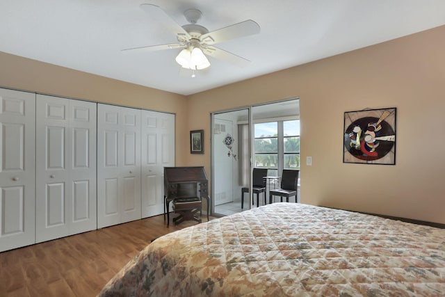 bedroom featuring light hardwood / wood-style flooring, ceiling fan, and access to outside