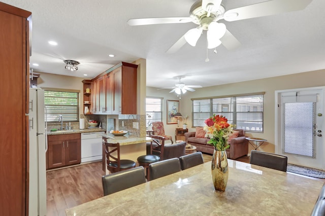 dining room with sink, a textured ceiling, and light hardwood / wood-style floors