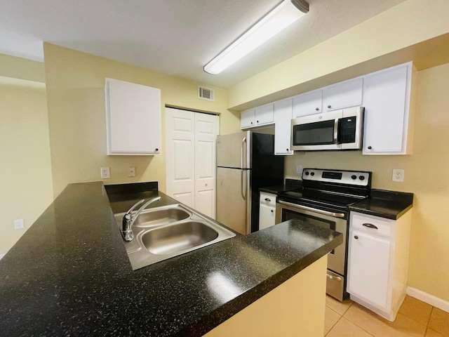 kitchen featuring stainless steel appliances, white cabinetry, sink, and kitchen peninsula