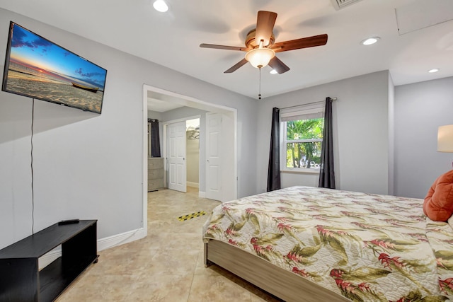 bedroom with light tile patterned flooring and ceiling fan