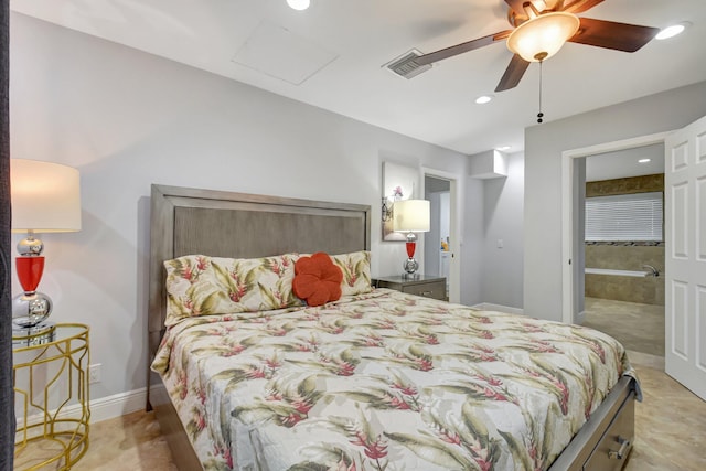 bedroom featuring ensuite bathroom and ceiling fan