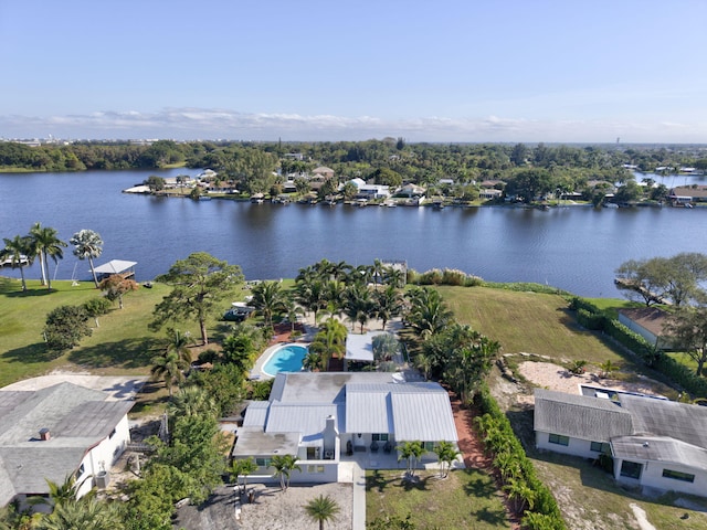 drone / aerial view with a water view