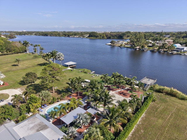 aerial view featuring a water view