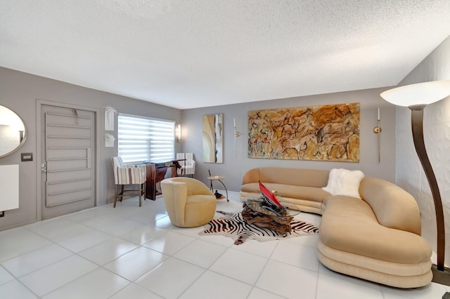 tiled living room with a textured ceiling