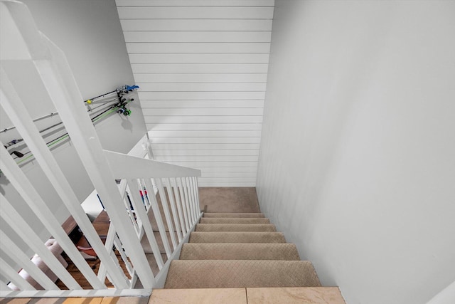 stairway featuring carpet floors and wood walls